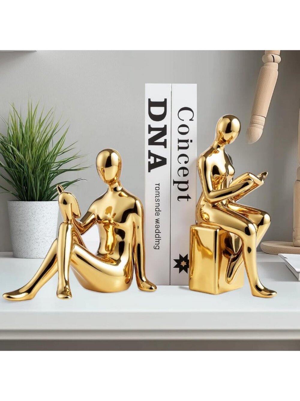 Stylish Gold Ceramic Bookends Set of 2 - Modern Abstract Geometric Shelf Decor